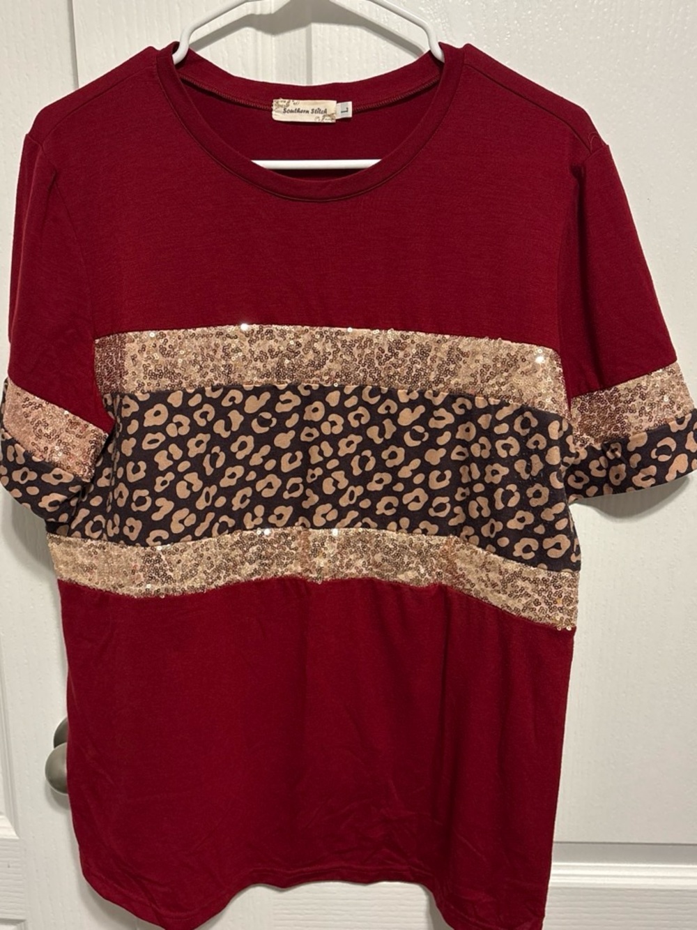 Women's Red Leopard Sequin Accent Tee